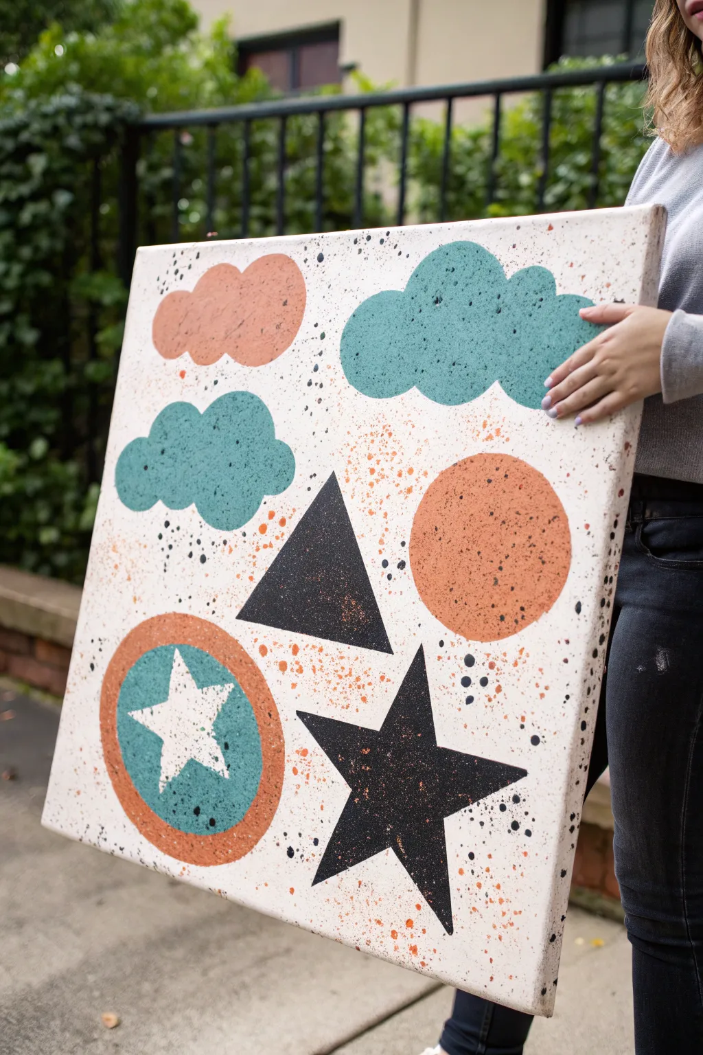 Easy grunge painting: spray dot clouds with bold stencil shapes for a minimalist street-art vibe.