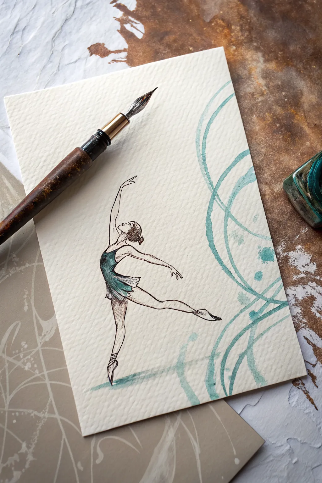 Ink gymnast leap with watercolor motion trails, minimalist Nordic style with bold boho color