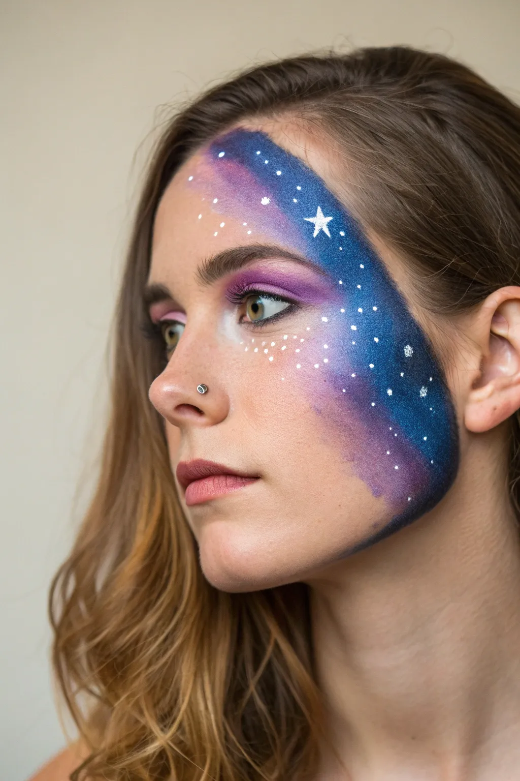 Half galaxy nebula fade with crisp split line, bold blues and violets, and delicate star speckles.