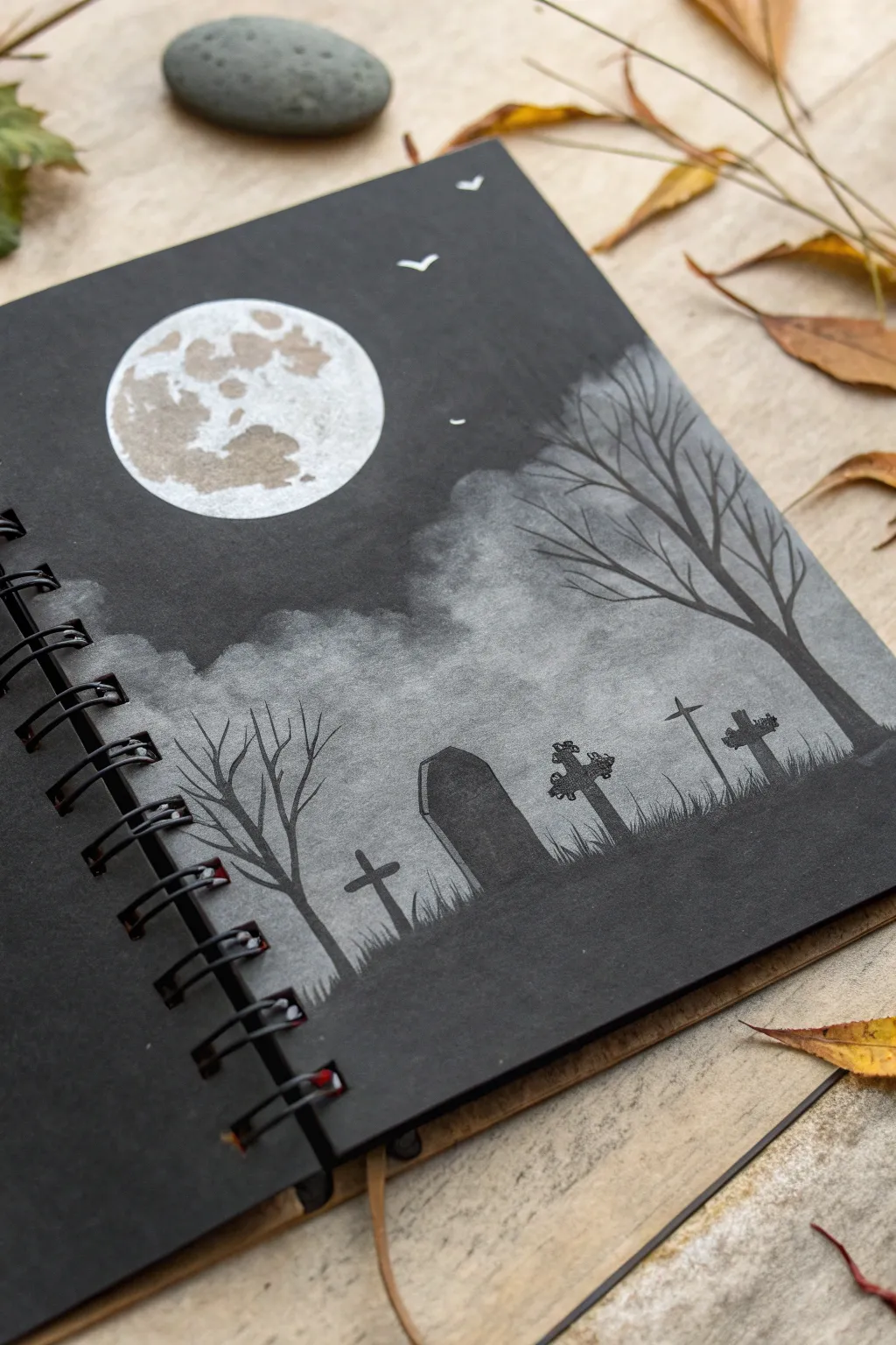 Eerie minimal Halloween sketch: negative space moon with soft fog bands and hidden gravestones