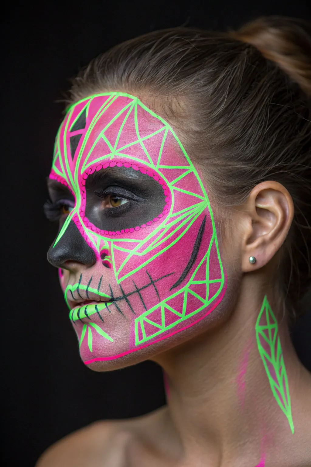 Turn heads with this minimalist neon skull look. Bold, artistic, and perfect for Halloween night.