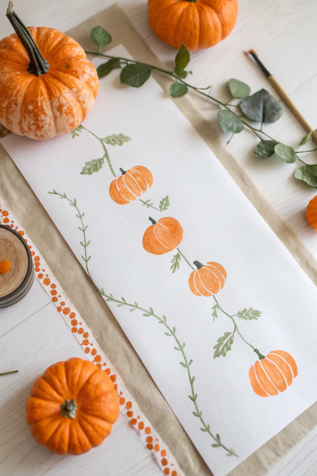 Sweet fingerprint pumpkin garland painting, bold orange pumpkins popping on clean minimalist paper