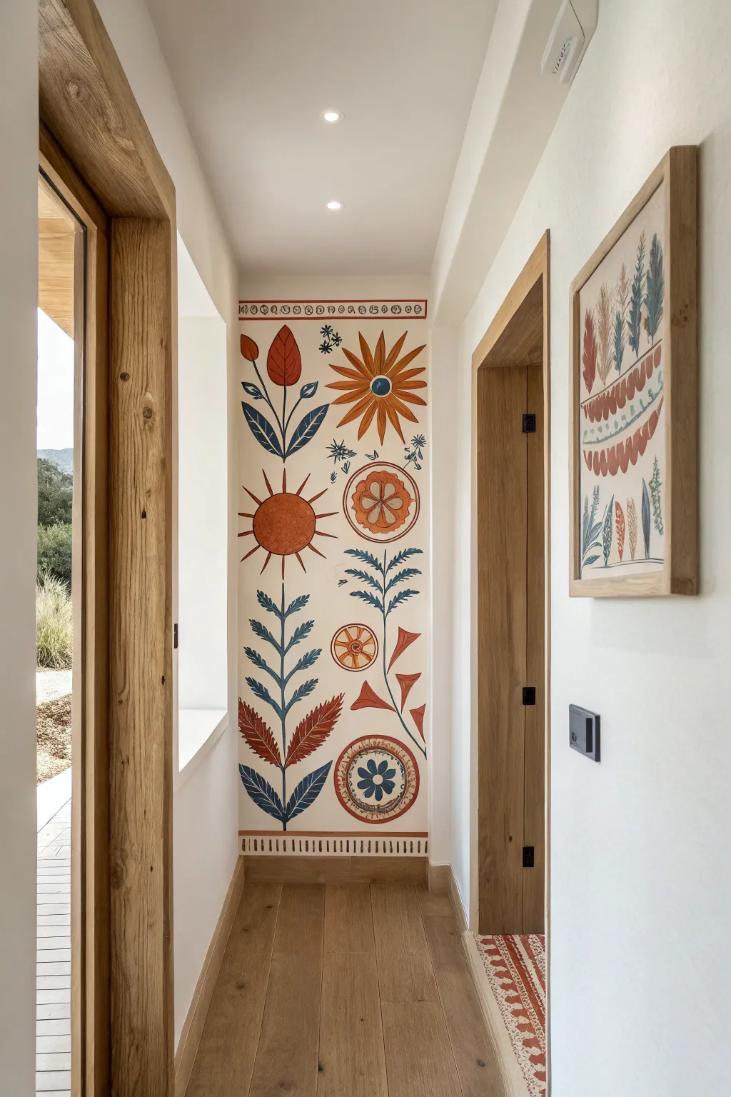 A surprise mini mural tucked in a hallway niche, bold color against calm Scandinavian simplicity