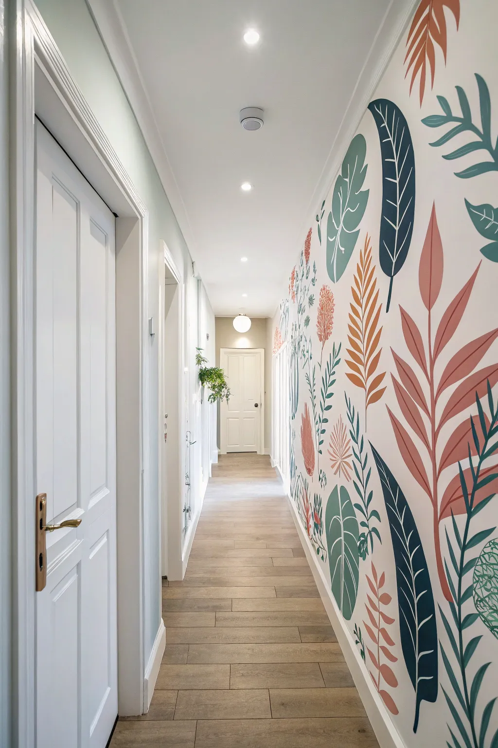 A leafy mural that spills onto the ceiling for a bold, immersive hallway wraparound moment.