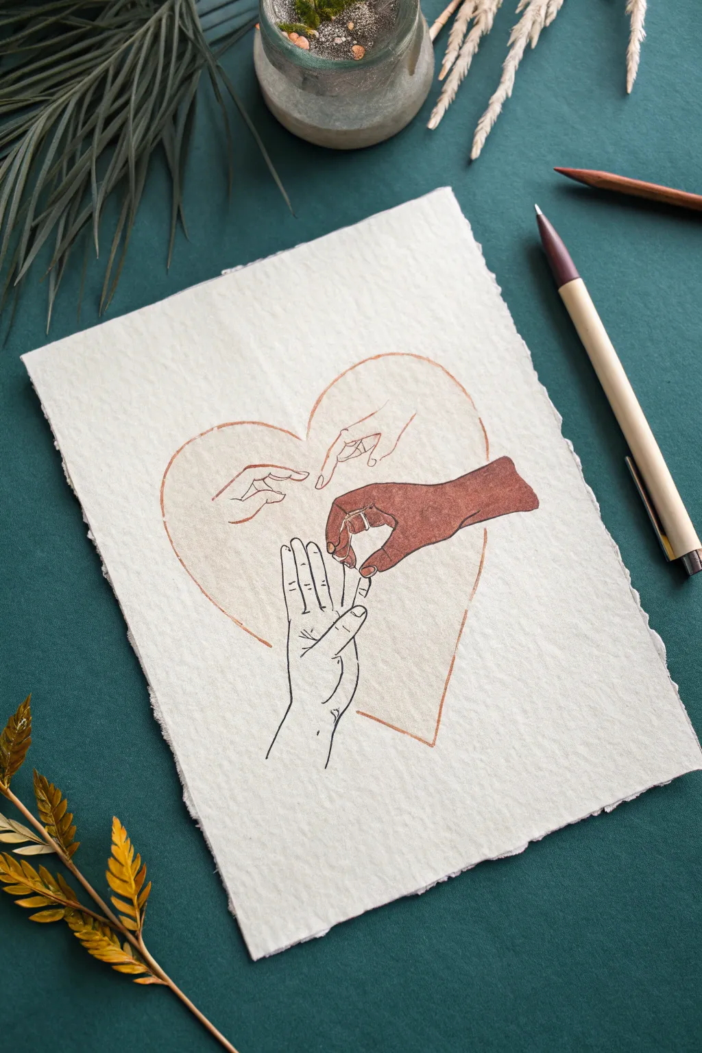 Minimalist heart-hands drawing idea with warm shading and bold boho color contrast