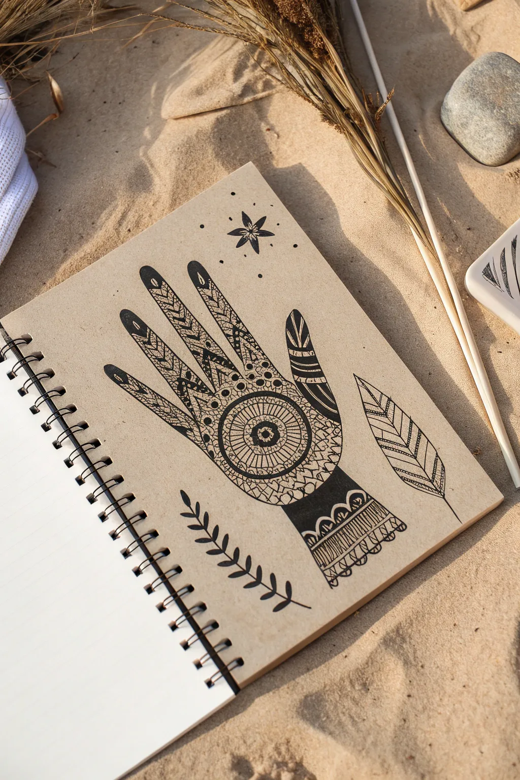 Bold hand silhouette doodle packed with crosshatching, spirals and dots for high-contrast charm