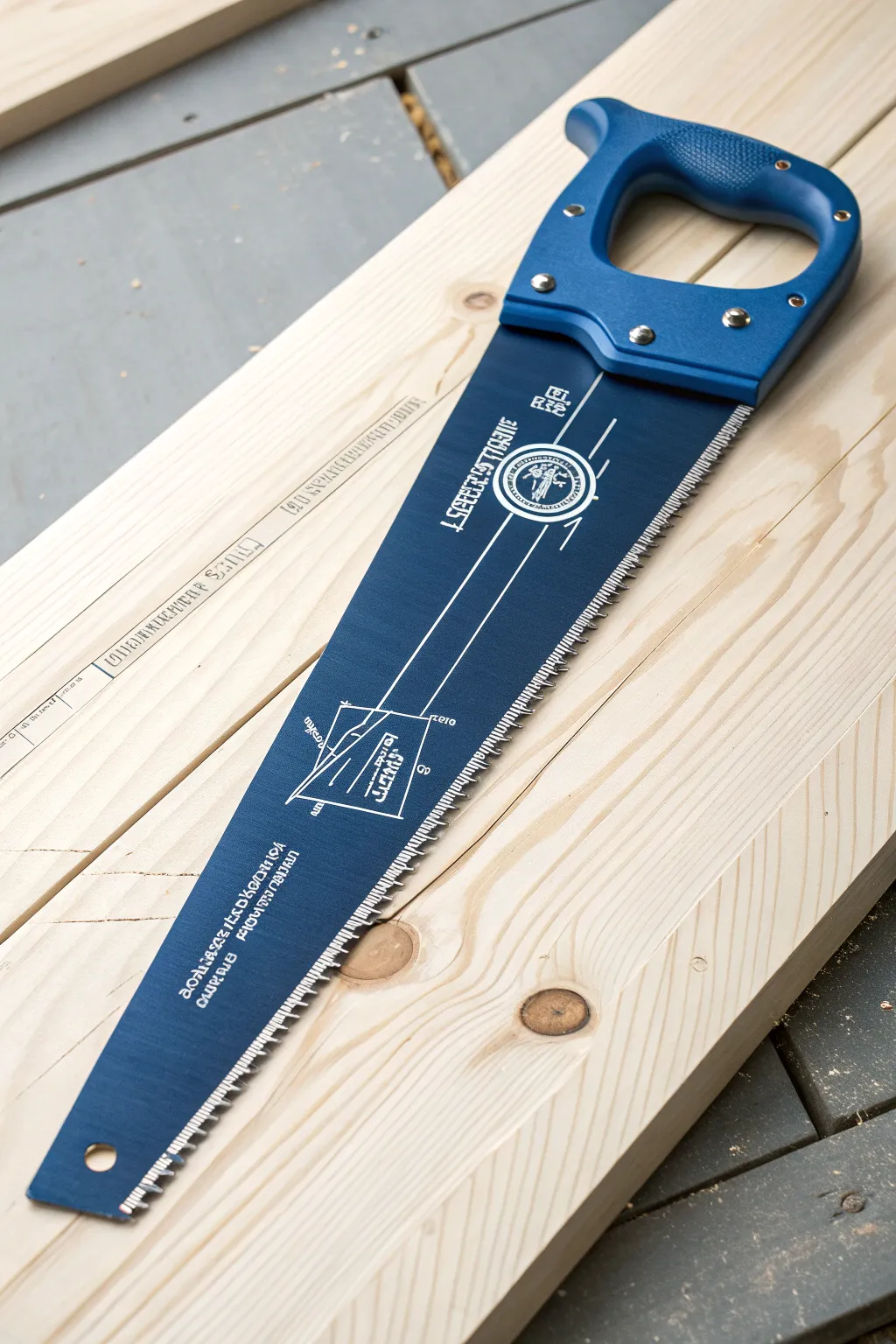 Turn a hand saw into blueprint art with crisp white linework on bold cobalt, minimalist and chic
