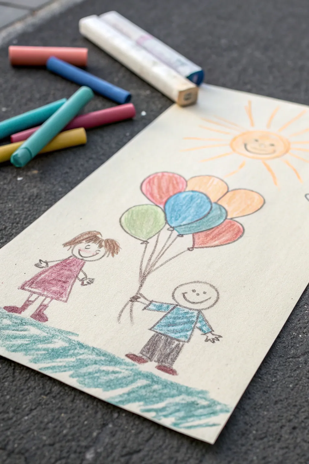Chalky balloon doodles on crisp paper, capturing inner child happiness in bold minimal color