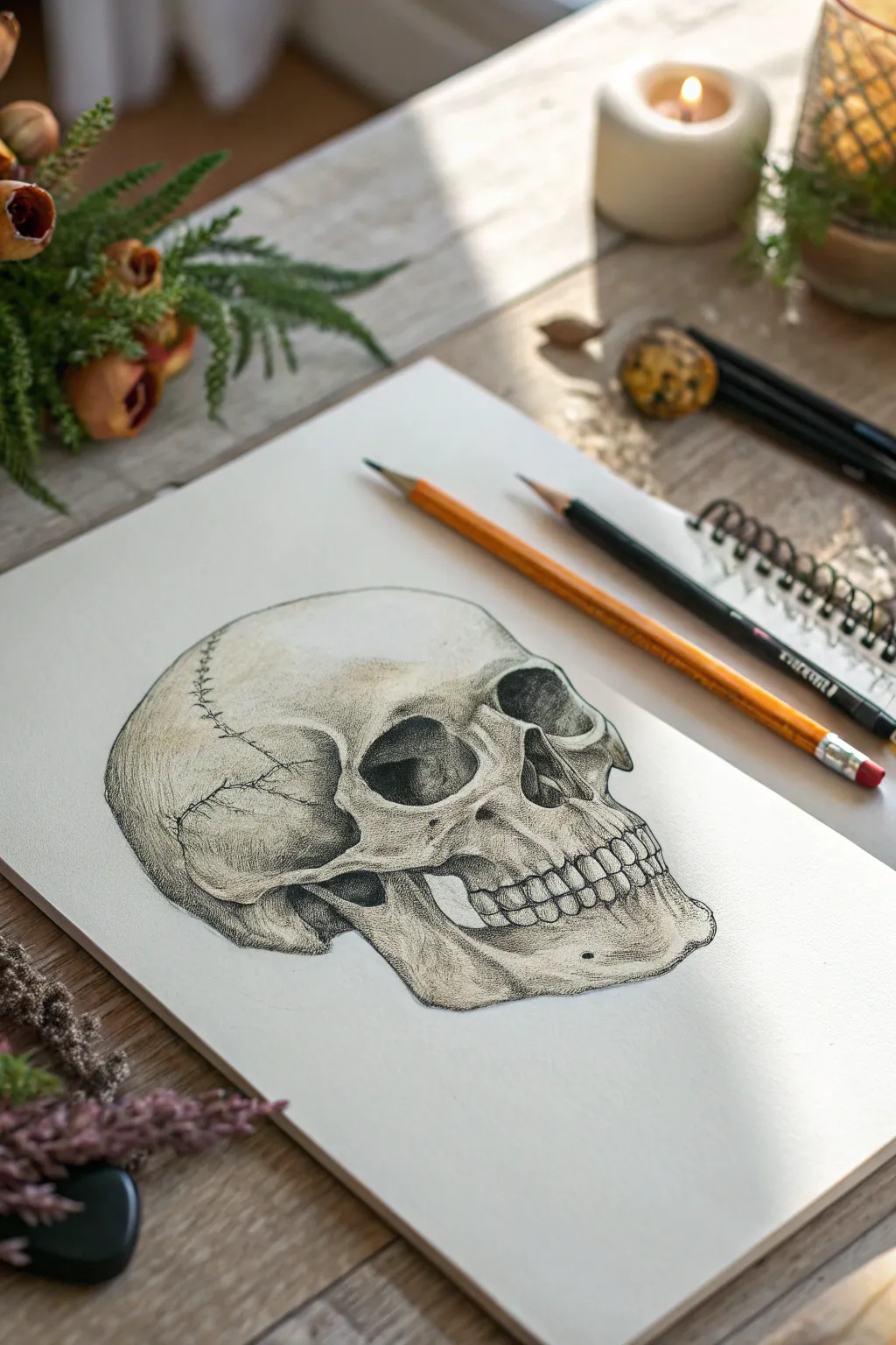 Complex overlaps: skull and snake study with matte bone and glossy scales, bold shadows