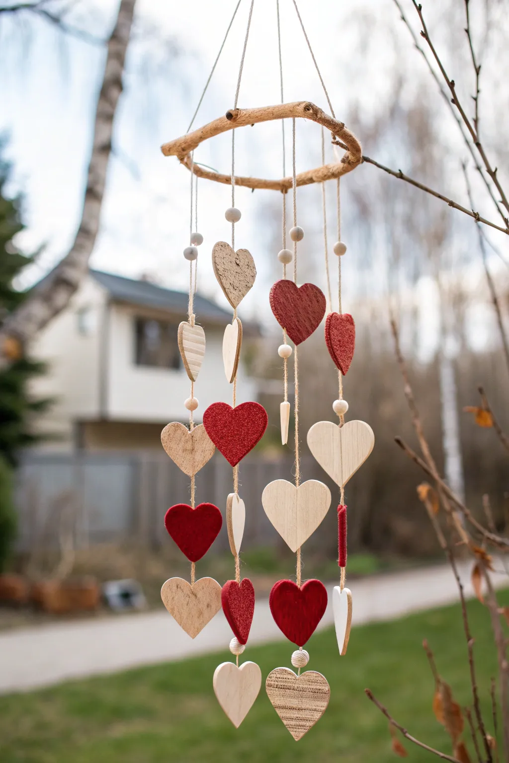 Mixed-material hanging heart mobile in bold Scandinavian tones, softly lit with window shadows.