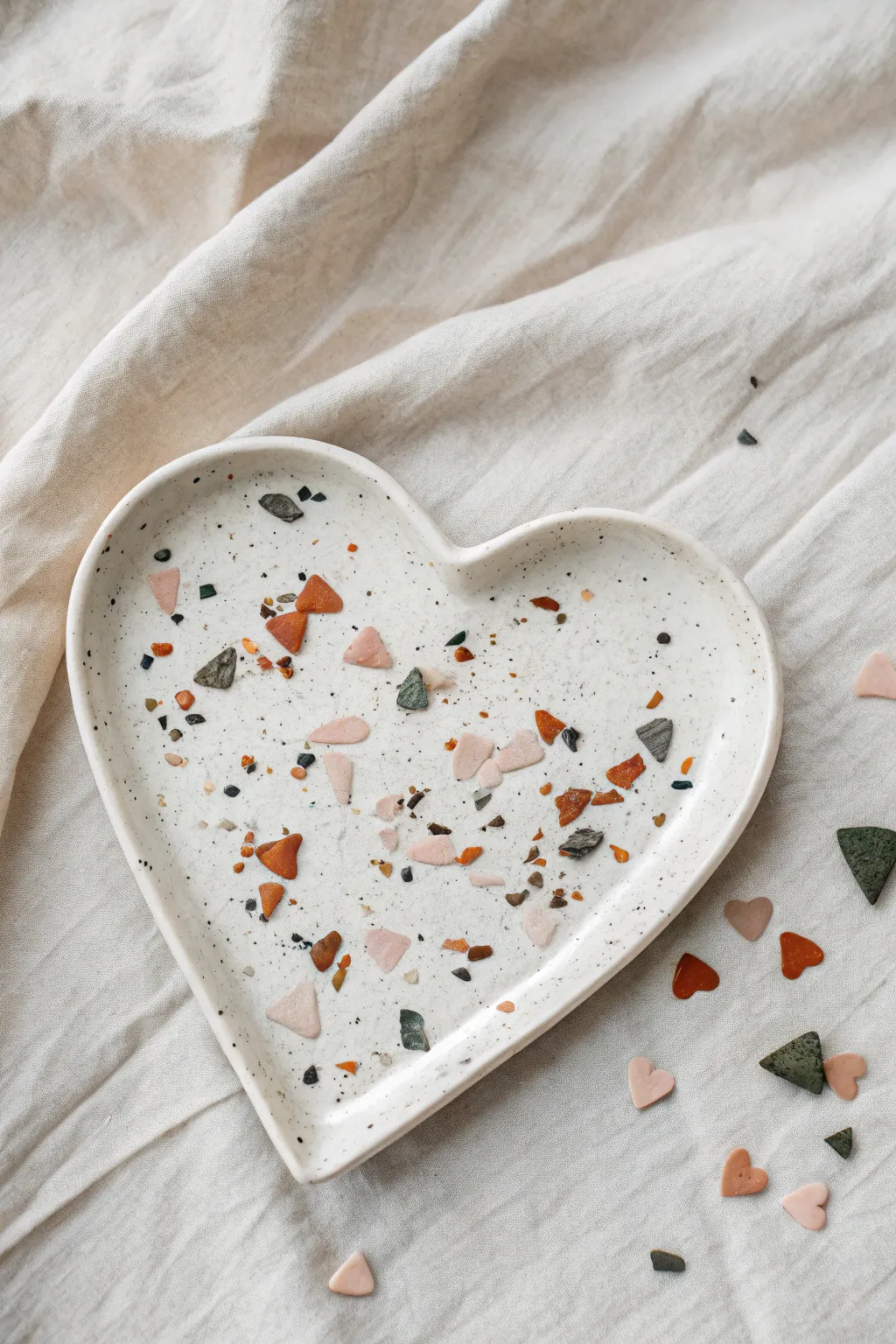 Terrazzo confetti heart plate: muted chips on creamy ceramic for chic minimalist charm.