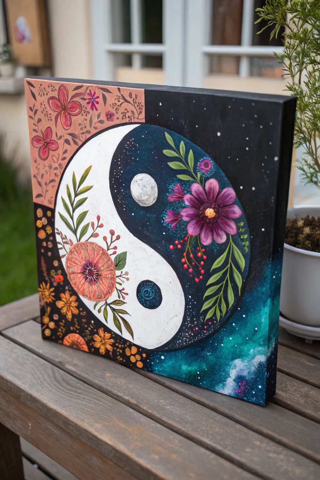 Bold yin yang canvas: blooming florals meet starry galaxy for a dreamy hippy vibe today
