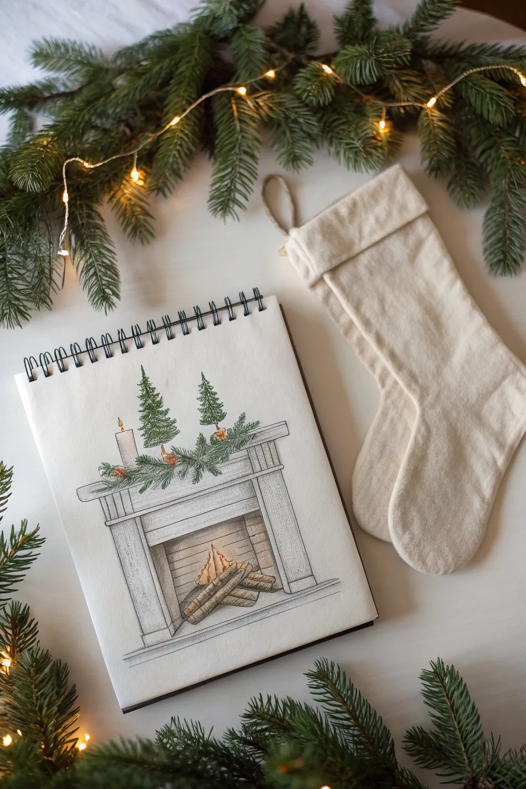 Holiday fireplace mantel drawing idea with garland, two stockings, and a warm cozy glow