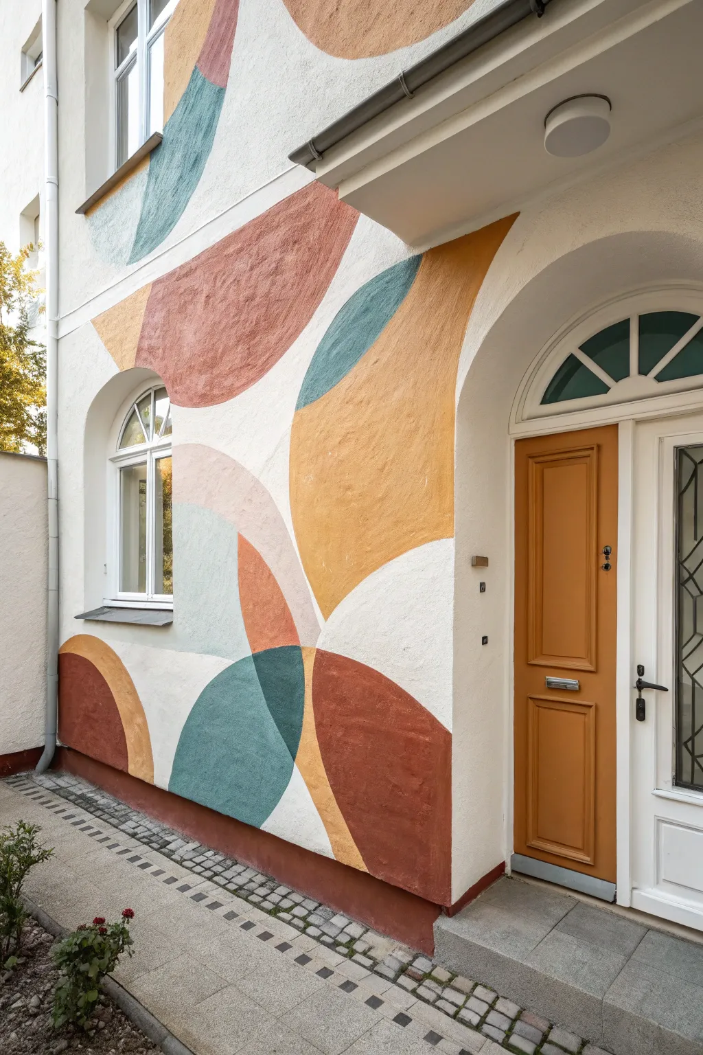 Soft floating shapes in bold earthy tones turn a plain wall into minimalist boho art