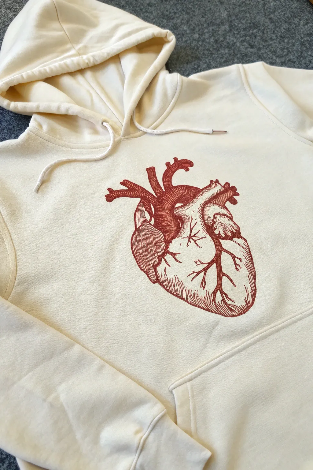 Anatomical heart hoodie painting with clean highlights, bold contrast, and achievable fine lines