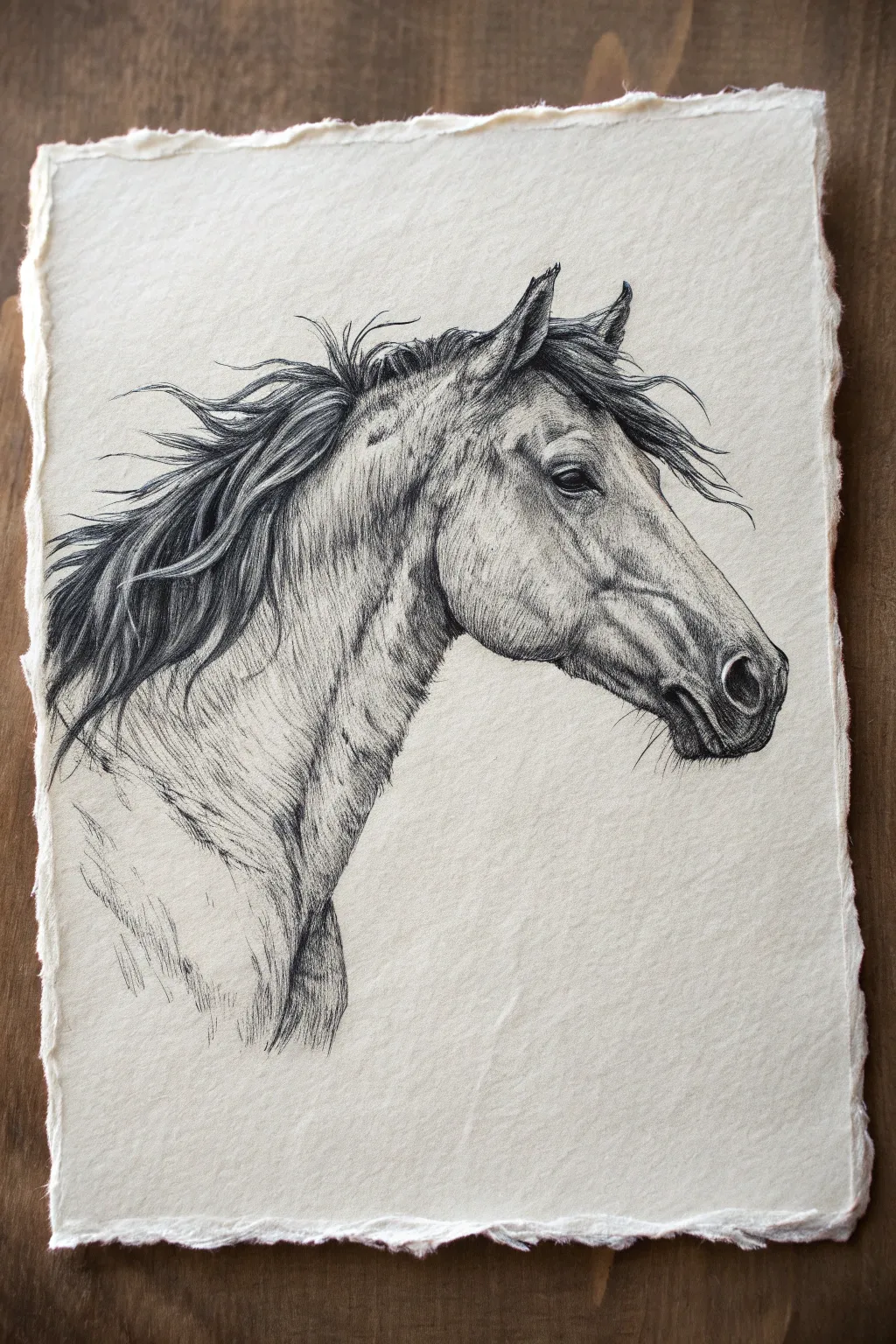 Wild horse sketch with windblown mane, bold contrast and calm minimalist Scandinavian vibes.