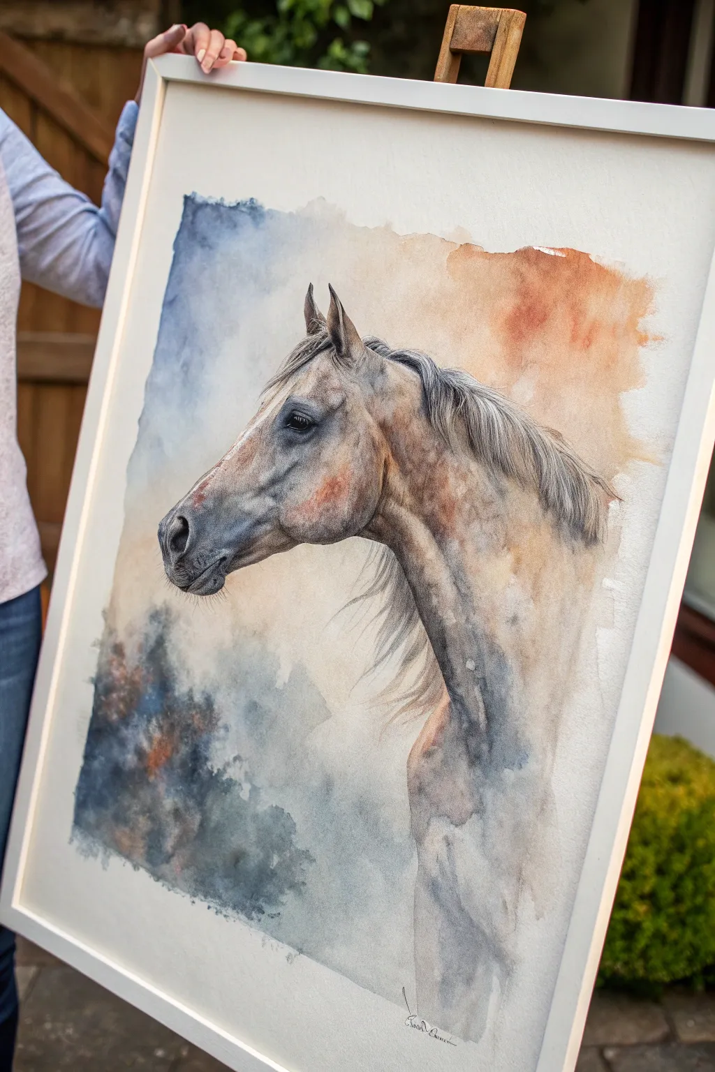 Abstract color-wash horse head emerging from misty layers, crisp eye detail, bold modern contrast