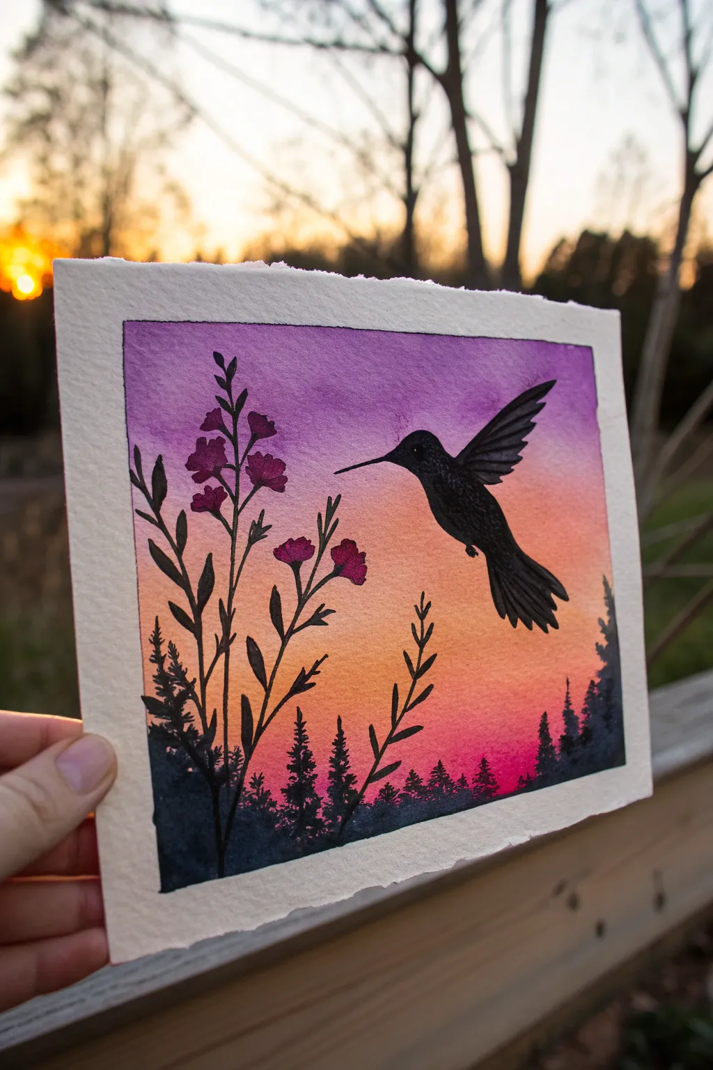 Sunset silhouette hummingbird painting: bold gradient sky with simple dark shapes, minimalist boho.