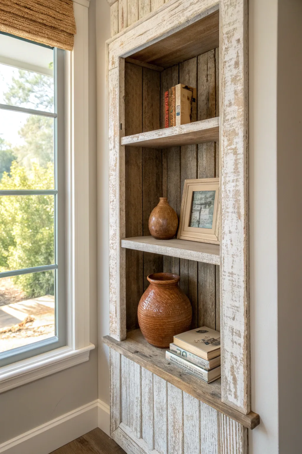 Layered glazes give built-in shelves a chic weathered wood finish with cozy vintage warmth