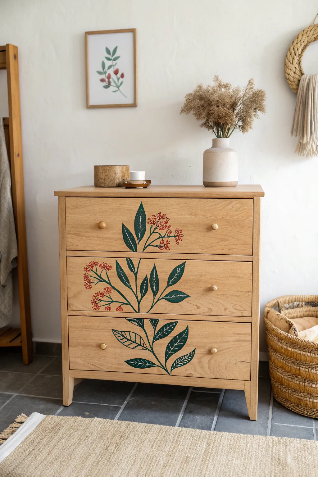 Dale vida a tu cómoda: rama botánica pintada a mano con un toque escandi-boho en casa.