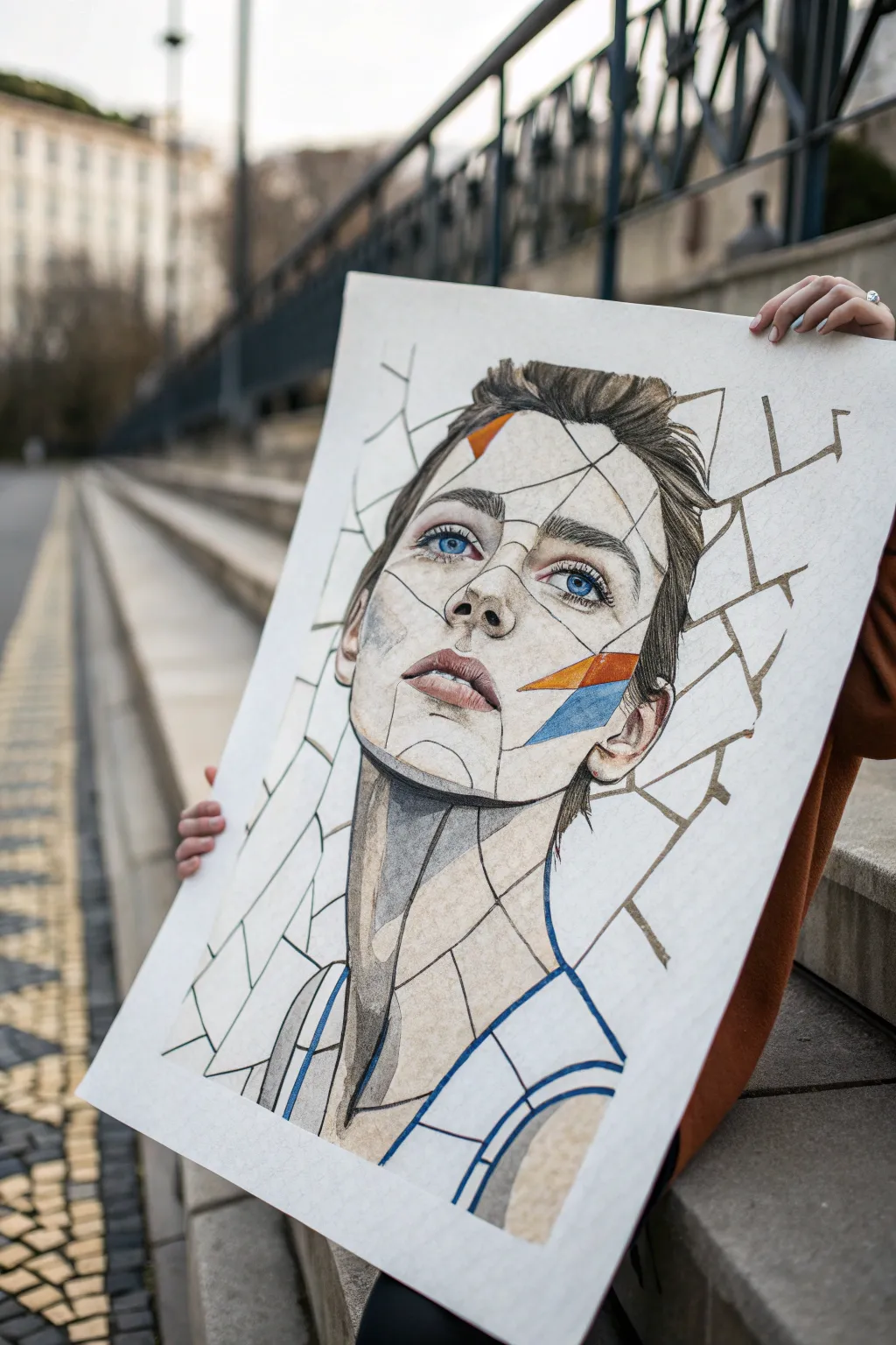 Fragmented self portrait: cracked porcelain face with bold colors and layered identity textures