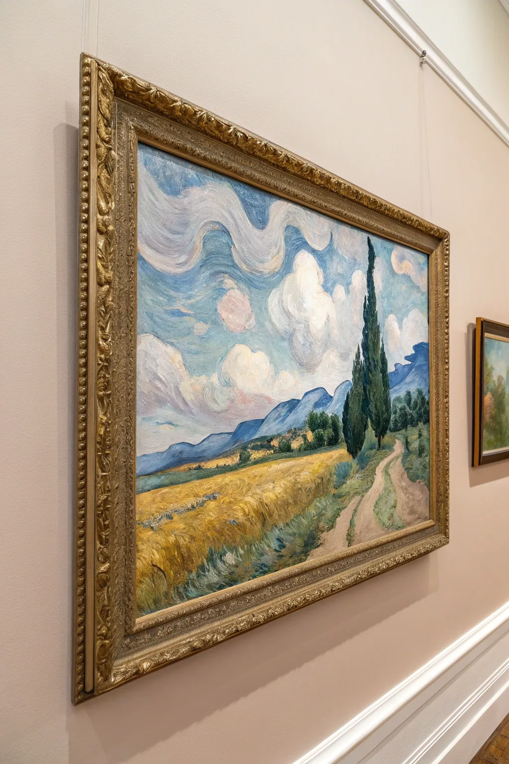 Swirling windy skies in bold brushstrokes, a minimalist landscape for Impressionist practice.