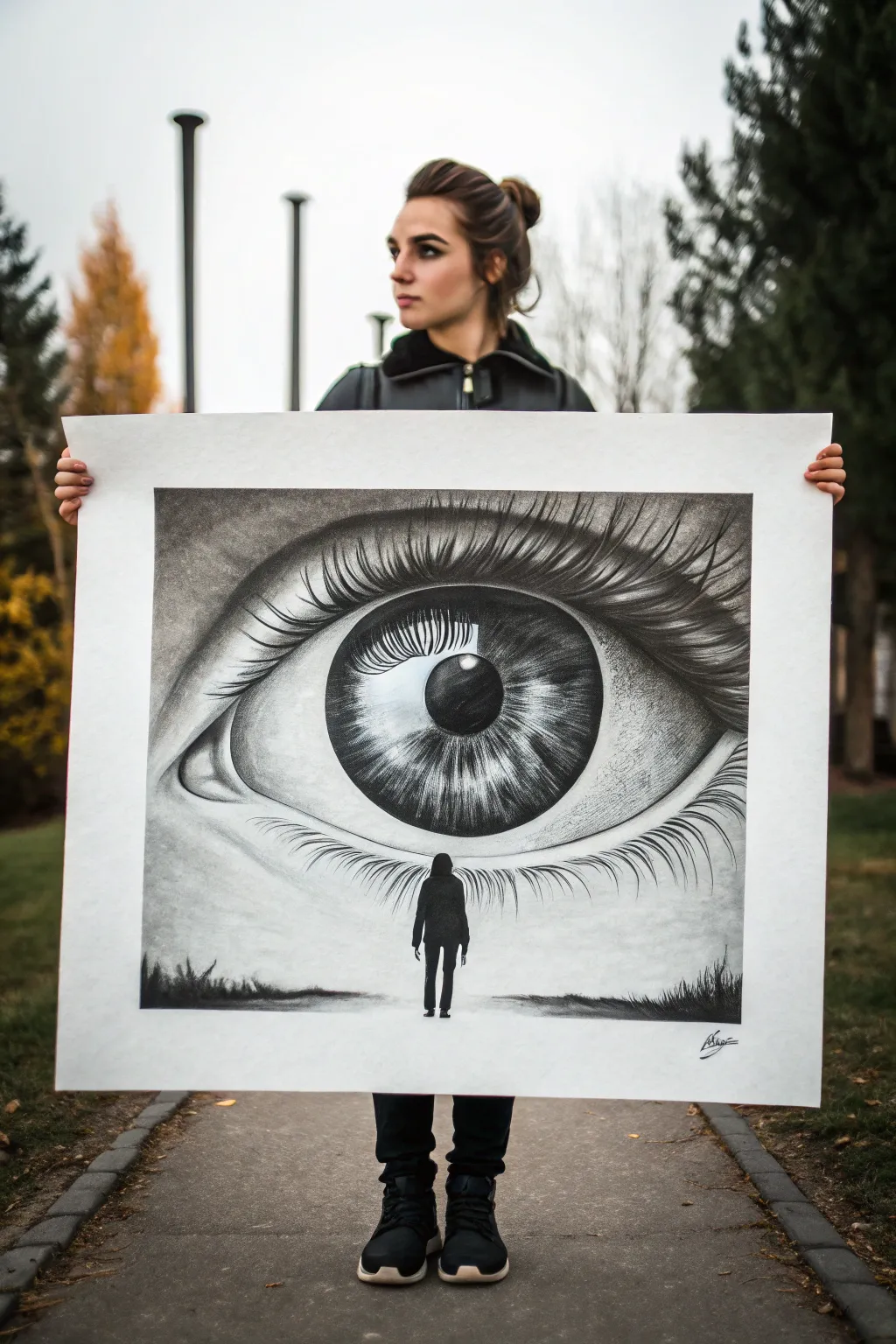 Bold India ink giant eye with a tiny silhouette reflection for a dramatic surreal twist