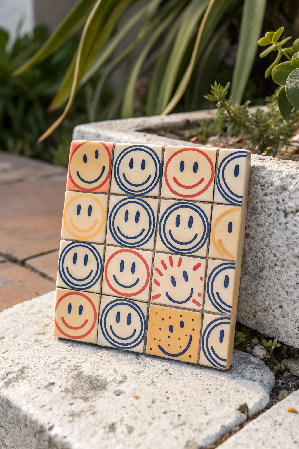 Smiley face tile pattern: an easy indie painting idea with bold color, minimal grid, handmade charm