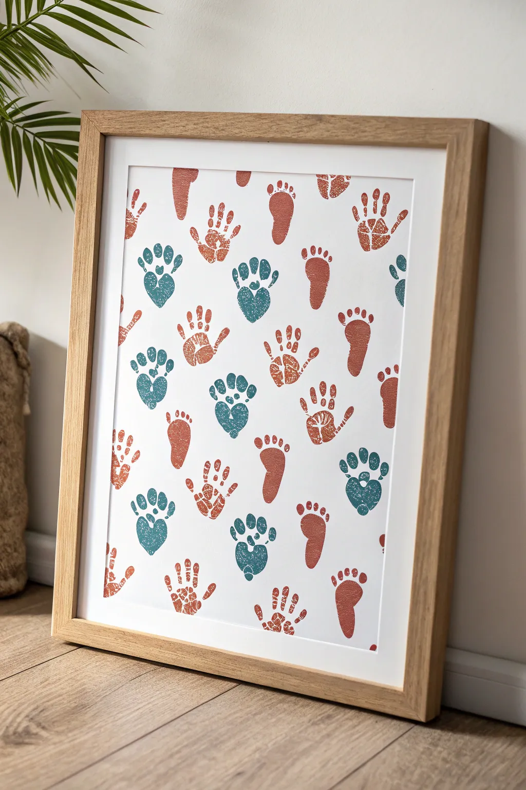 Modern repeat pattern with tiny handprints and footprints in bold, coordinated colors.