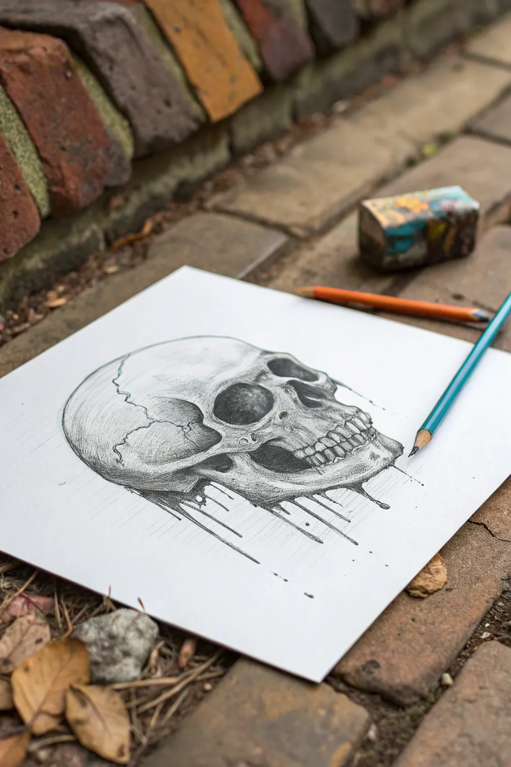 Surreal melting portrait sketch: clean Scandinavian vibe with bold color drips and handmade texture