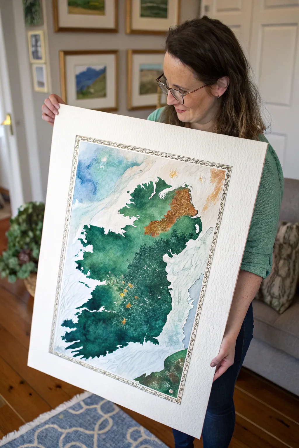 Textured Ireland map mixed-media painting with bold Celtic details and calm minimalist styling