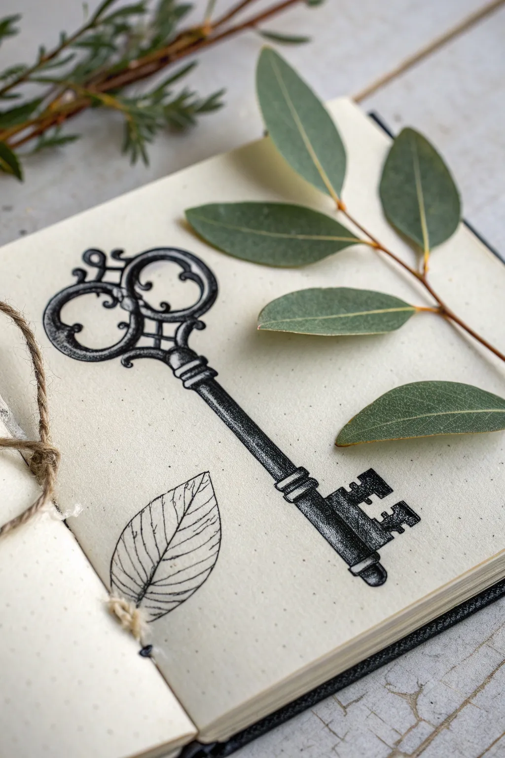 Easy juxtaposition sketch: antique key outline filled with leaf veins for a bold organic twist