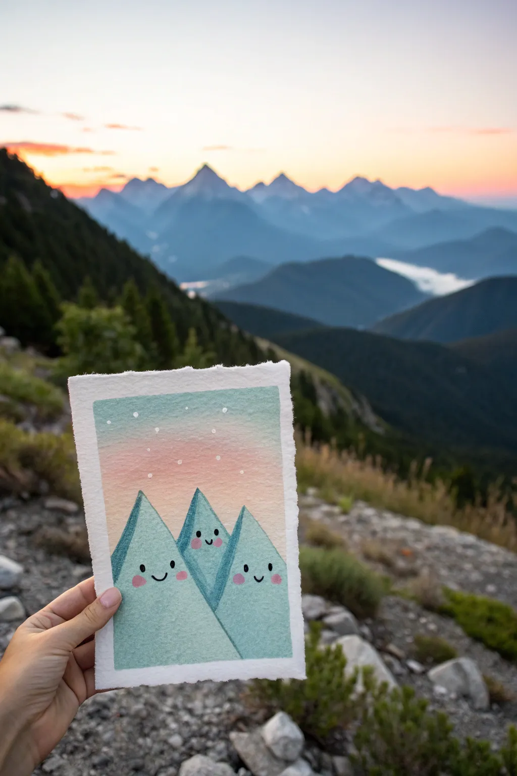 Soft kawaii mountains with tiny smiles under a bold sunset gradient, minimalist and cozy.