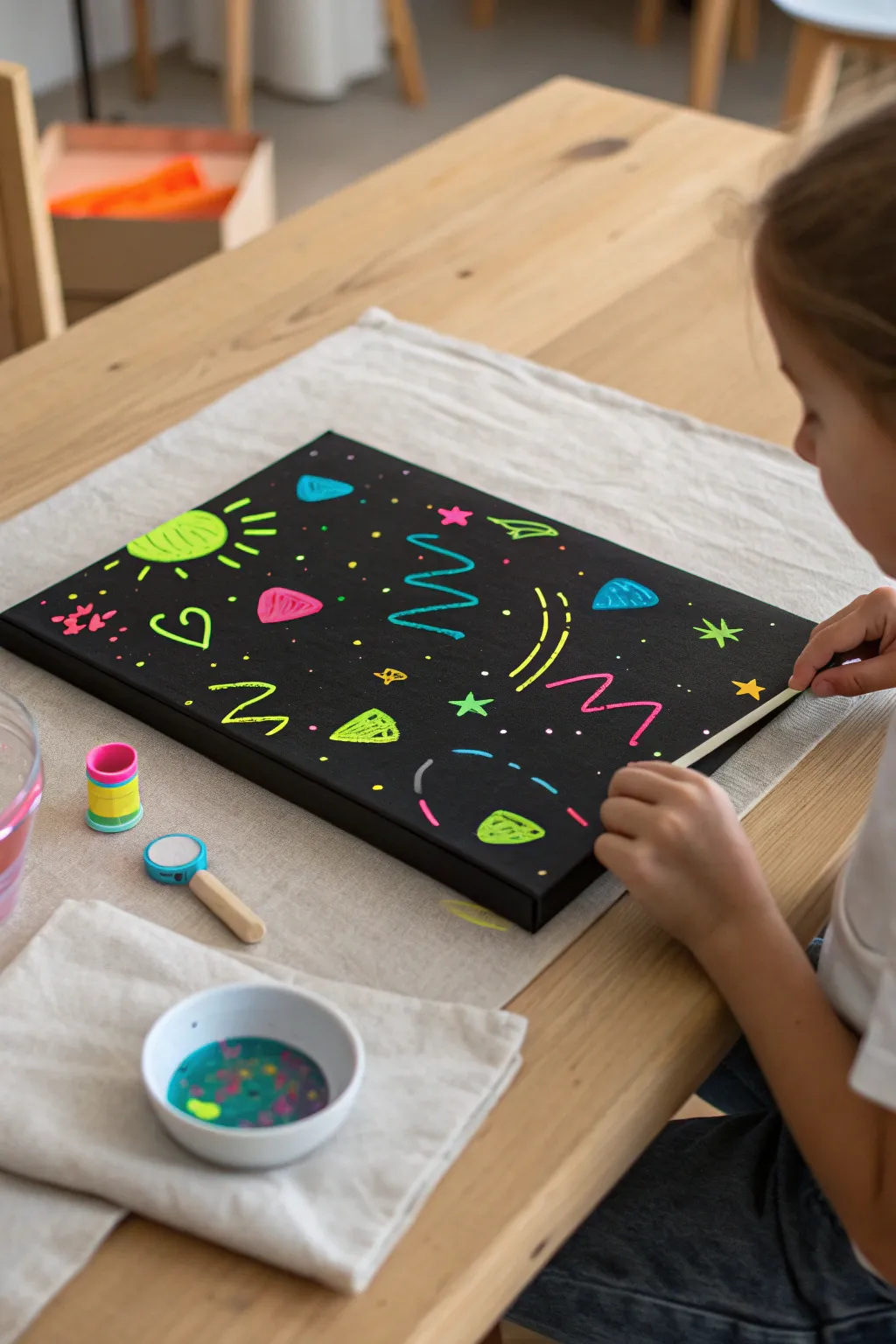 Glow-in-the-dark paint night: neon colors pop on black canvas for a magical kids party setup