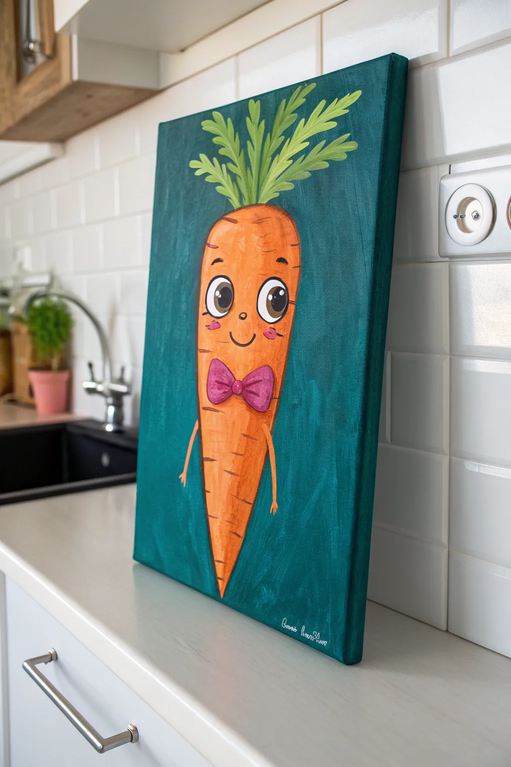 Whimsical carrot portrait on canvas brings playful charm to a minimalist boho kitchen.