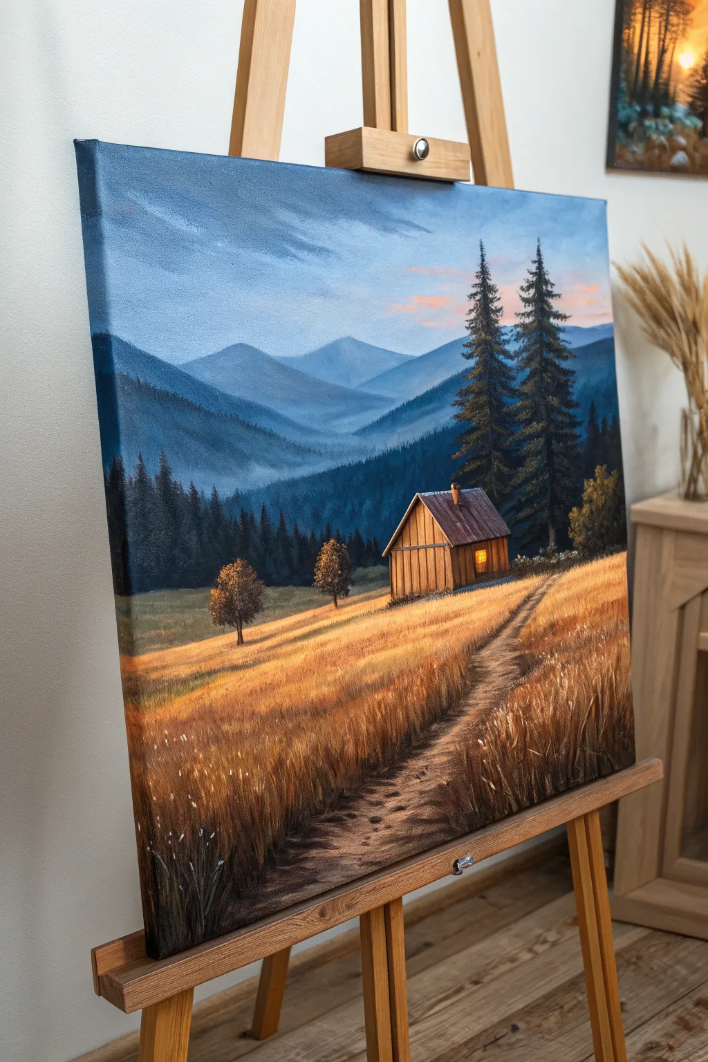 Cozy cabin in a vast landscape, painted in bold oils with Scandinavian calm and boho warmth.