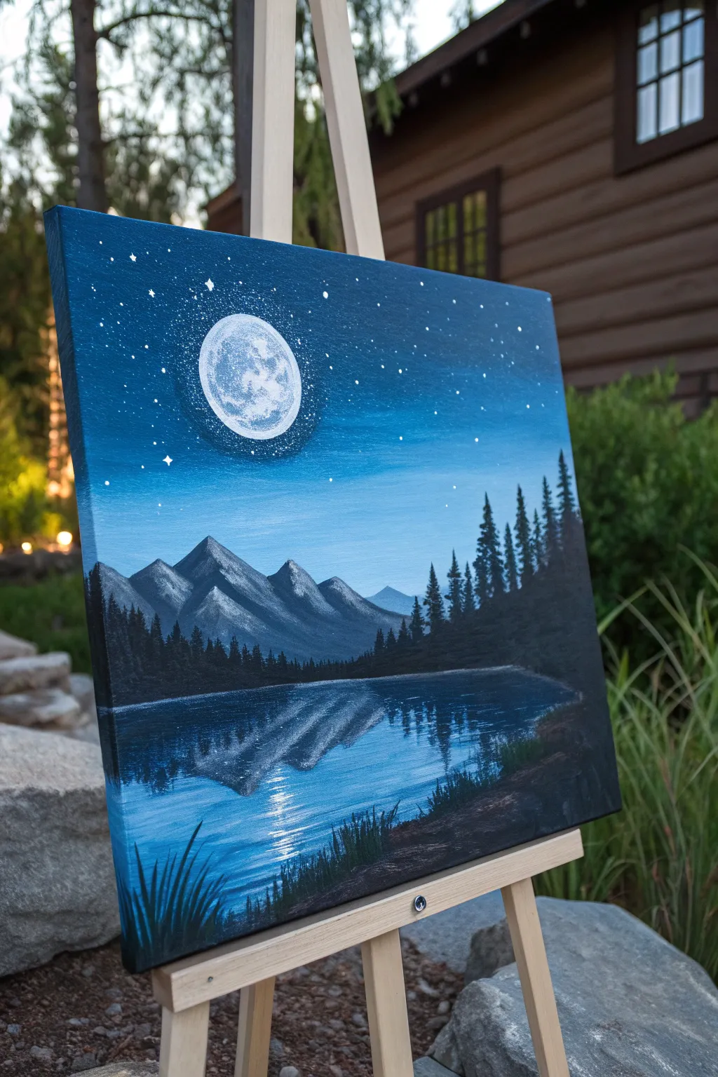 Moonlit night landscape painting idea: bold indigo sky, glowing moon, serene minimal mountains.