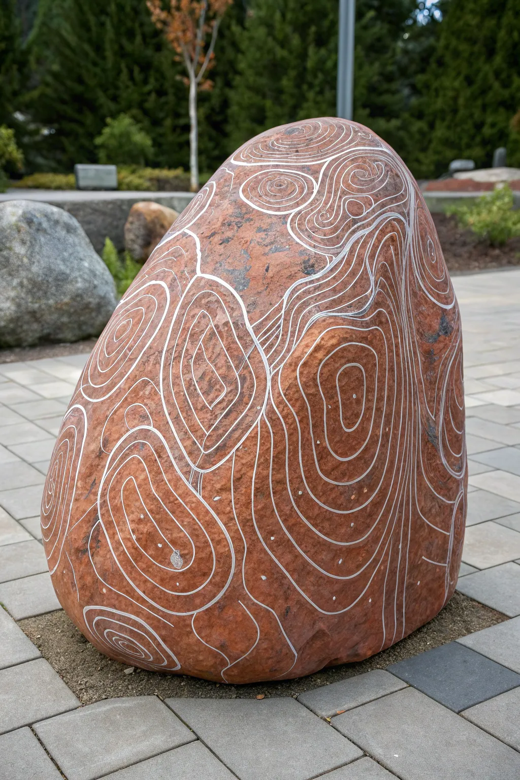 Topographic map painted boulder with crisp contour lines and earthy bold colors, garden decor