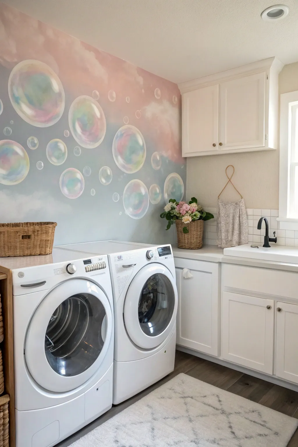 Giant translucent bubbles and glowing suds mural for a dreamy, modern laundry room statement