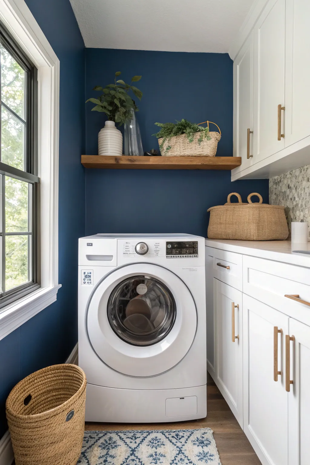 Color-drenched inky blue walls and cabinets let a crisp white washer steal the spotlight.