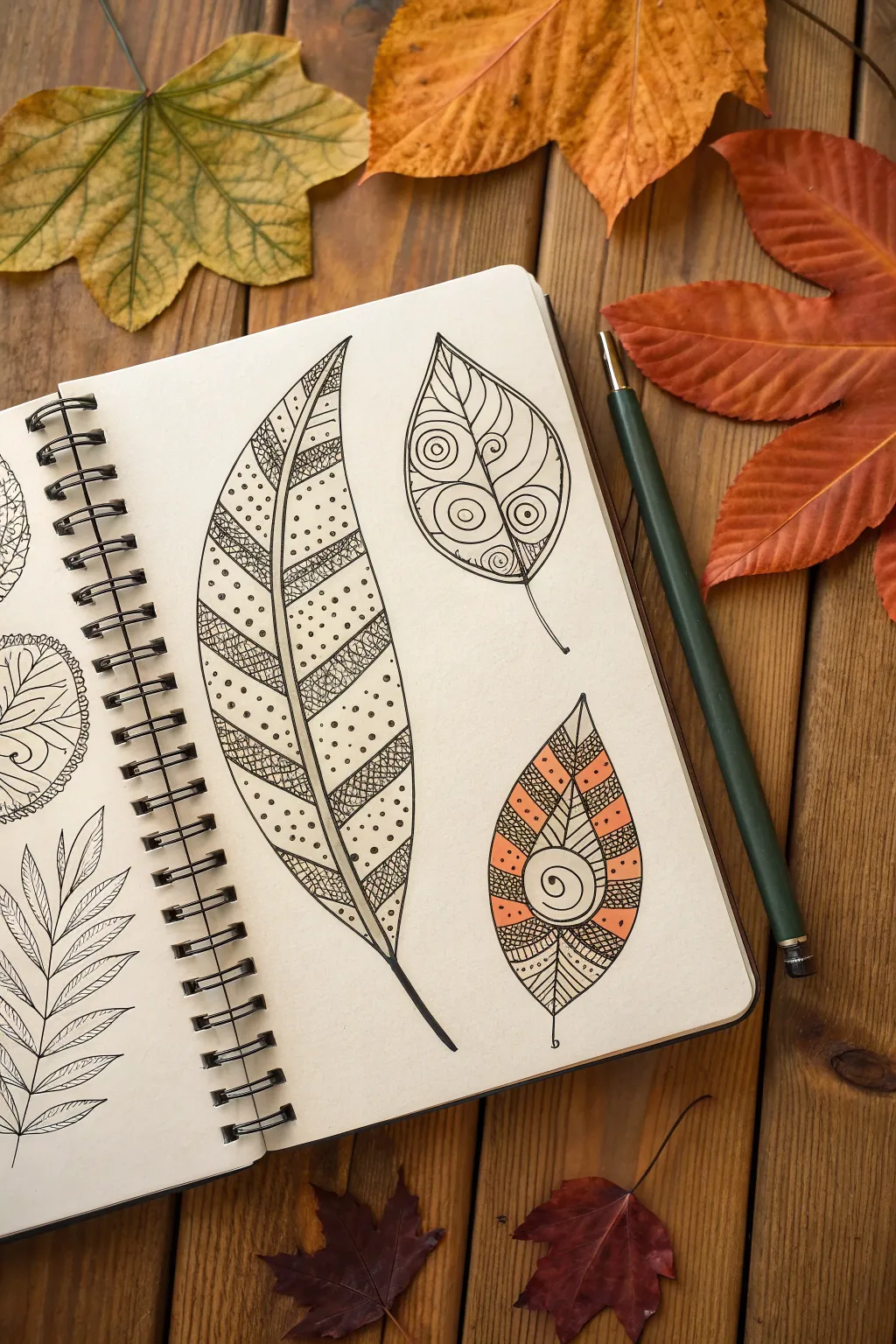 Pattern-filled zentangle leaves in bold boho colors for clean, modern leaf drawing inspo