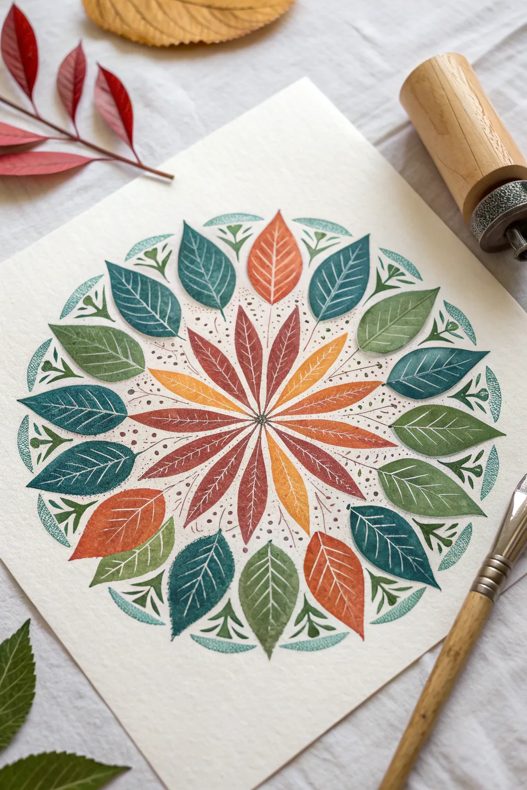 Abstract leaf-stamp mandala layers with bold boho colors in a clean Scandinavian flat lay