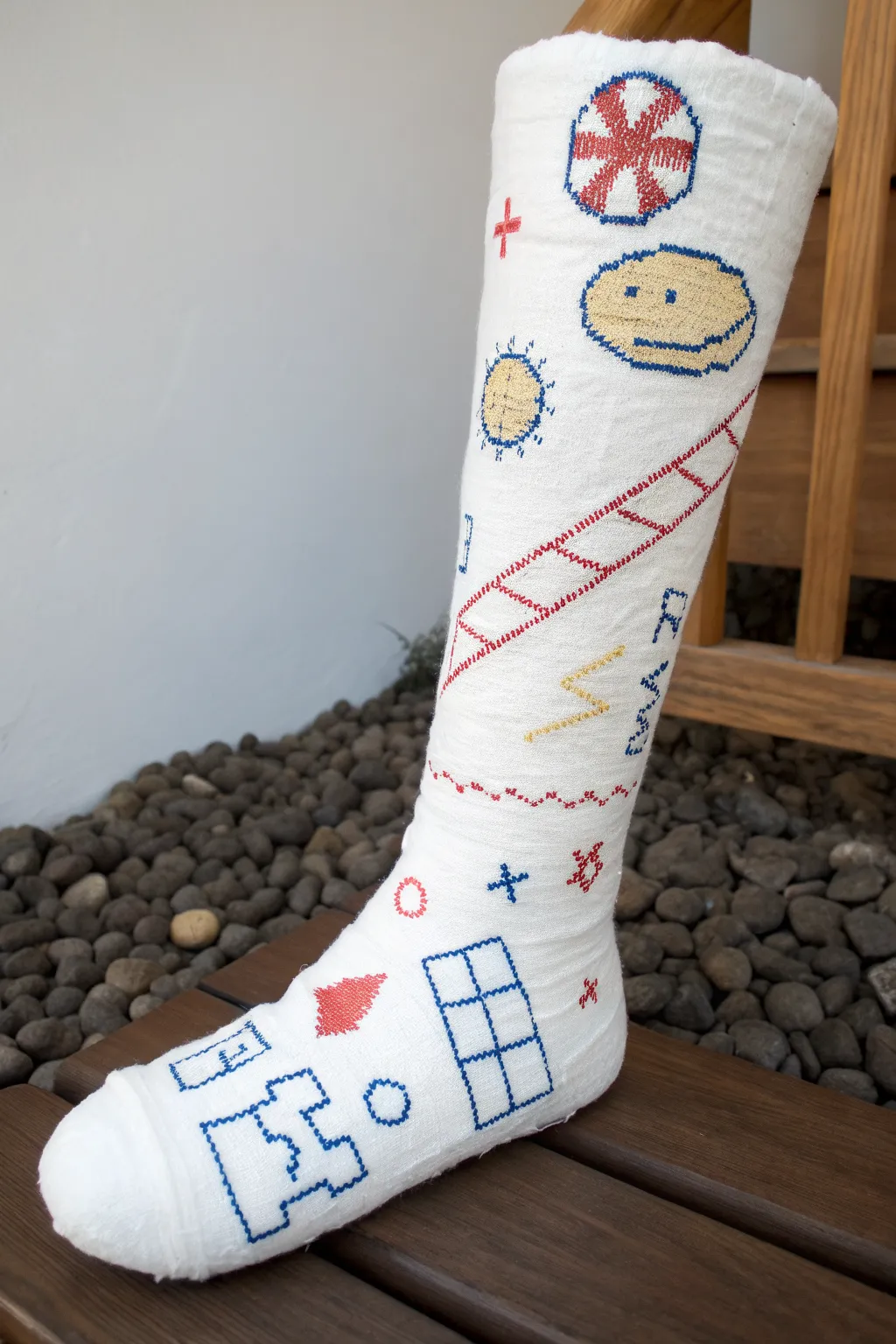 Turn a plain leg cast into a retro pixel platform level with bold blocks and coins