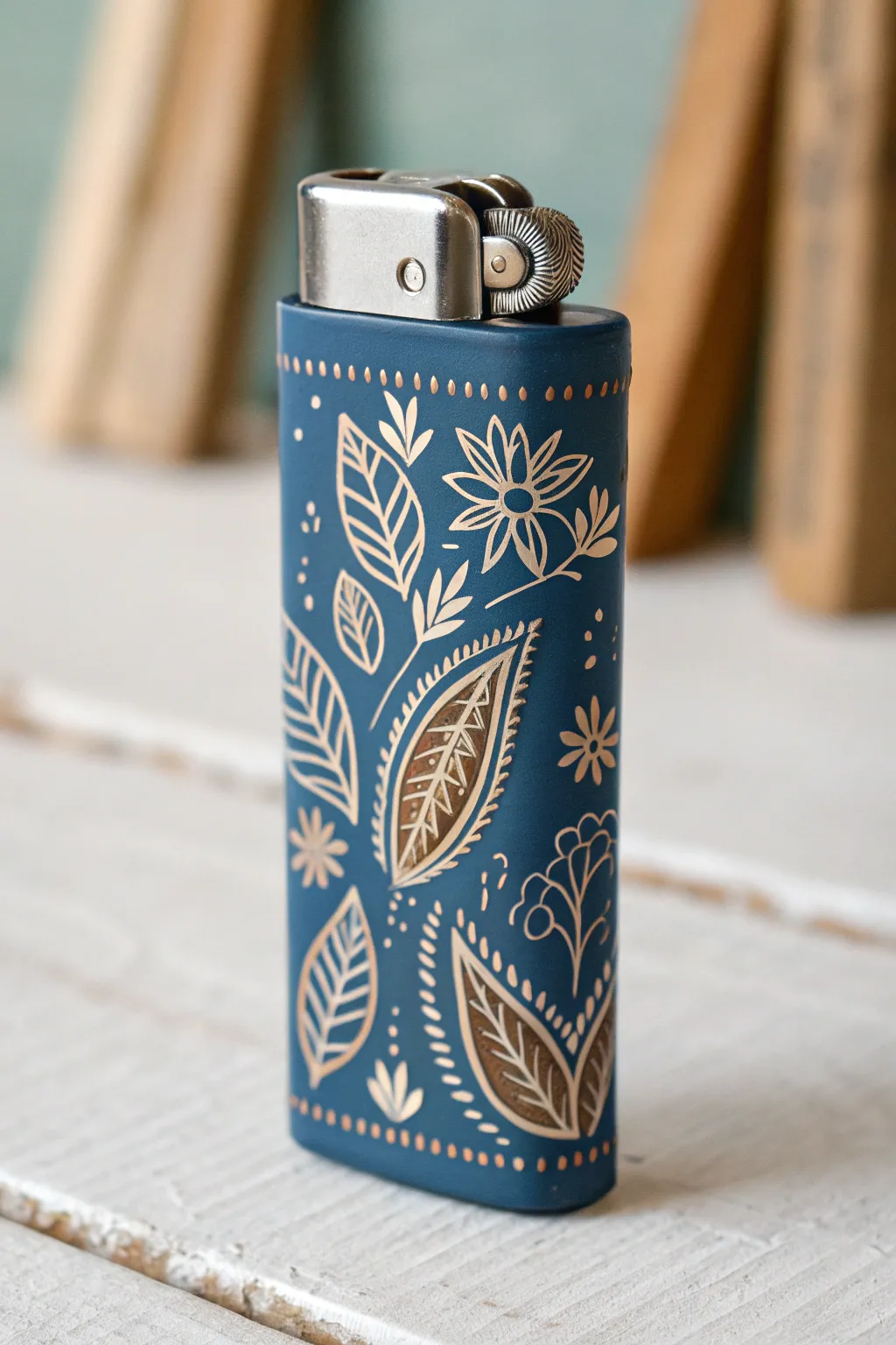 Paint a lighter with faux engraved linework using tiny highlights and shadows for an etched effect