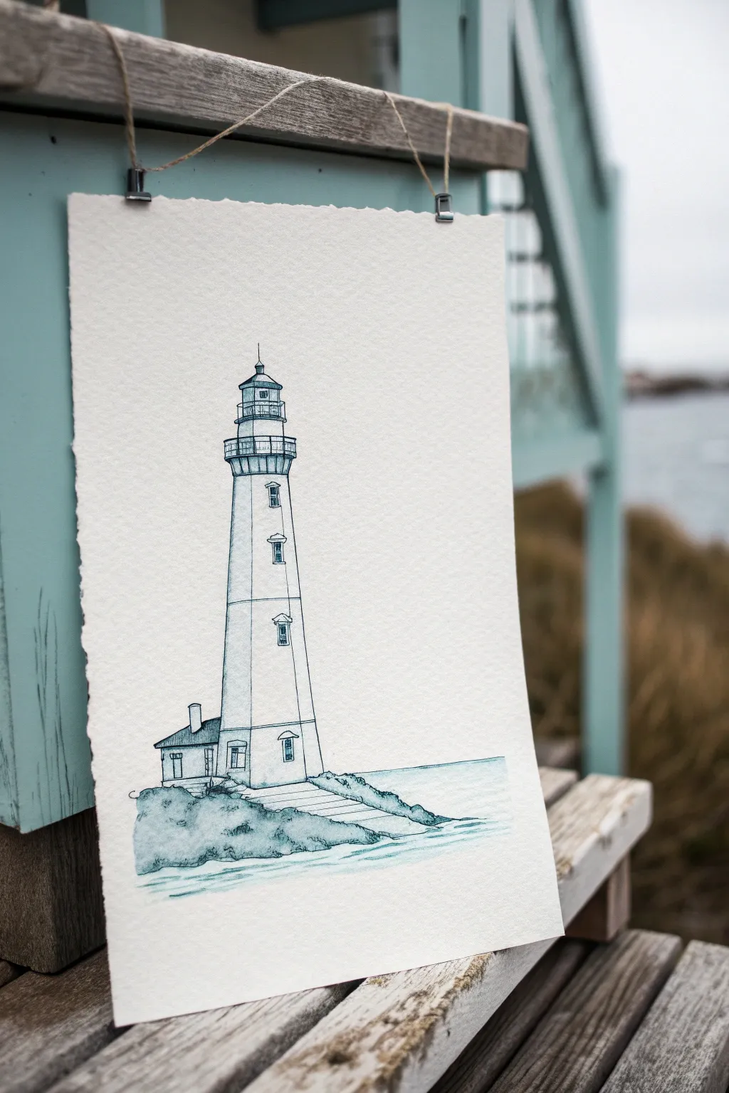 Minimal line-and-wash lighthouse sketch with bold sea and sky washes, airy and modern