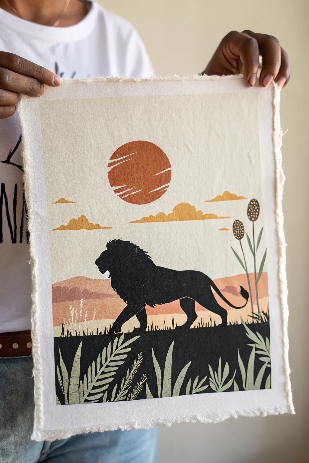 Bold lion silhouette with a serene savanna scene inside, minimalist and boho in striking colors.