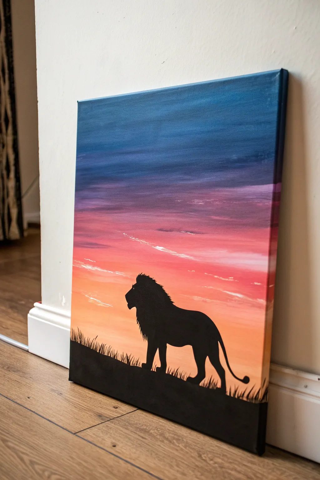 Minimal lion silhouette on a bold gradient sky, simple lines and striking contrast for easy DIY.