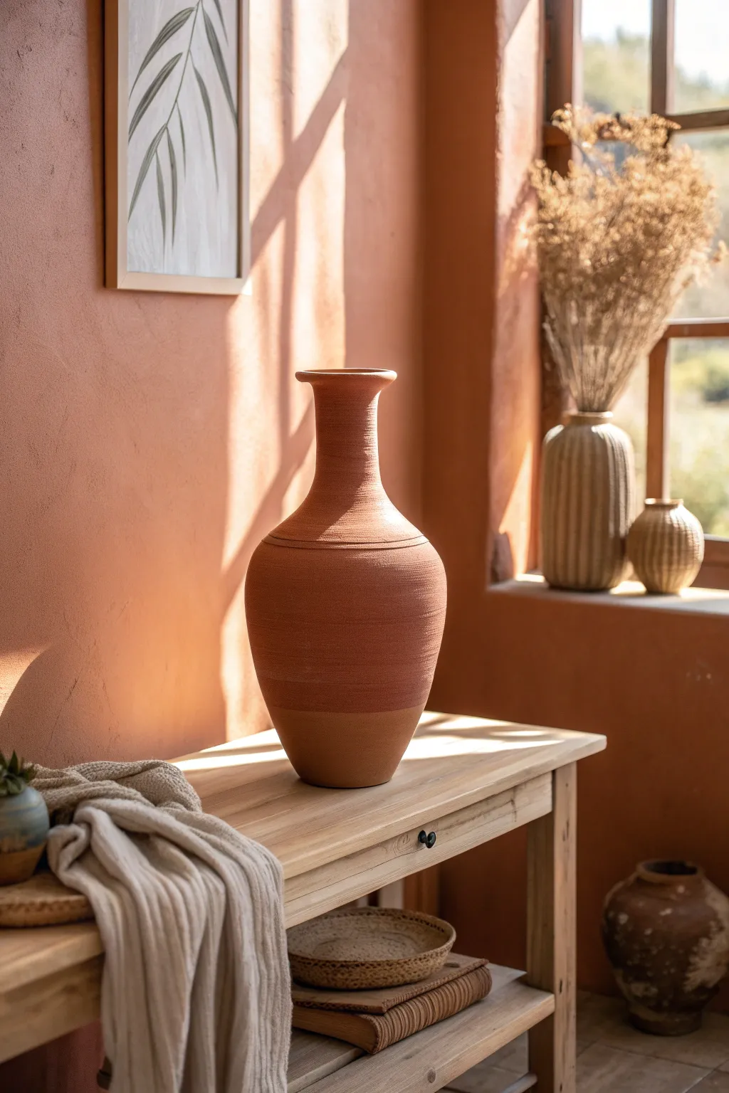 Terracotta walls meet natural linen and handmade pottery for warm, sunbaked living room comfort.