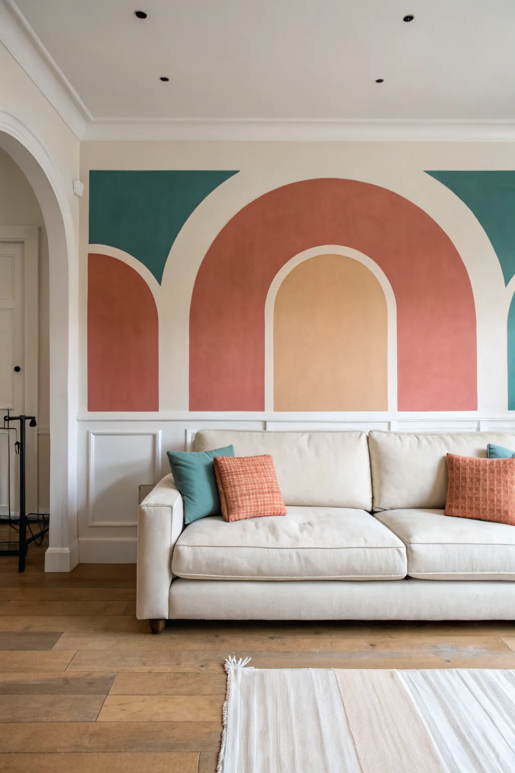 Try bold painted arches and blocks for a playful, minimalist statement wall behind your sofa