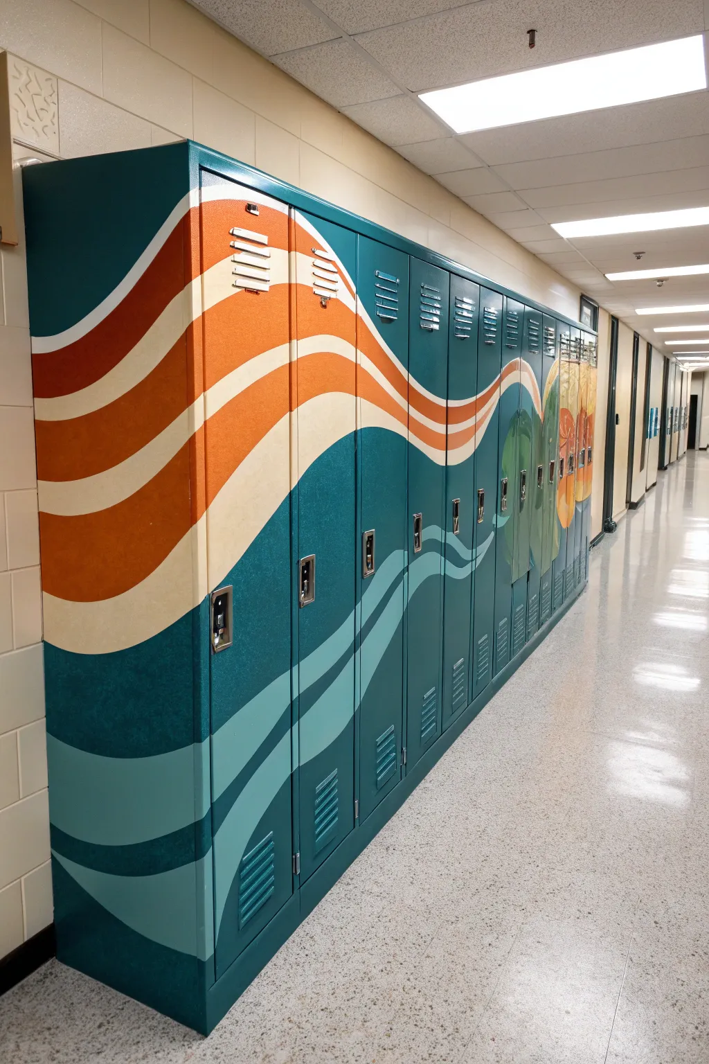 Continuous mural locker makeover: bold waves flow seamlessly across every door.